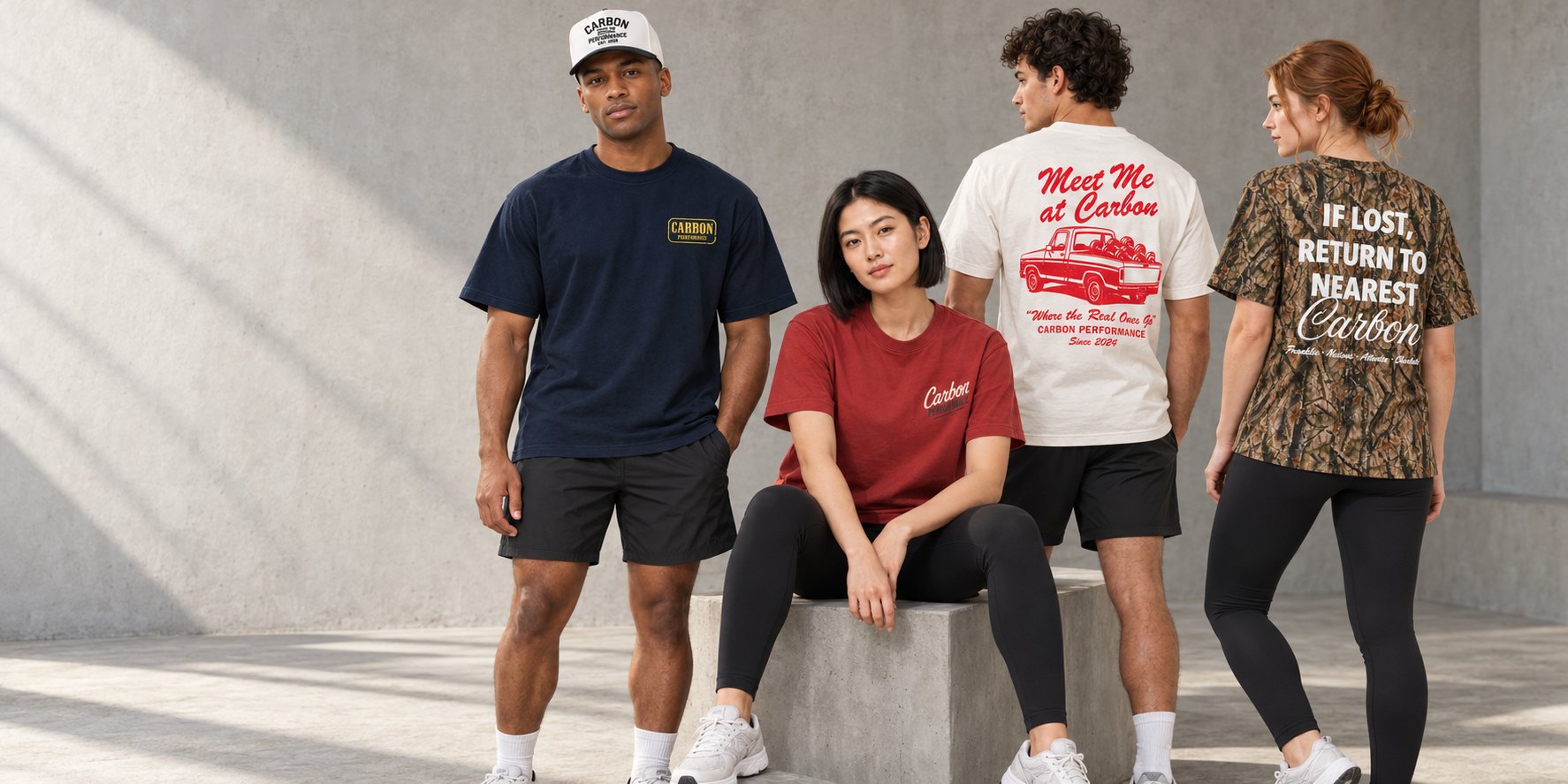 Four people in a concrete training facility wearing the Carbon collection — Trust the Process hat with the navy Open Late tee, the red Roadside tee, the Meet Me at Carbon tee and the camo Return to Carbon tee